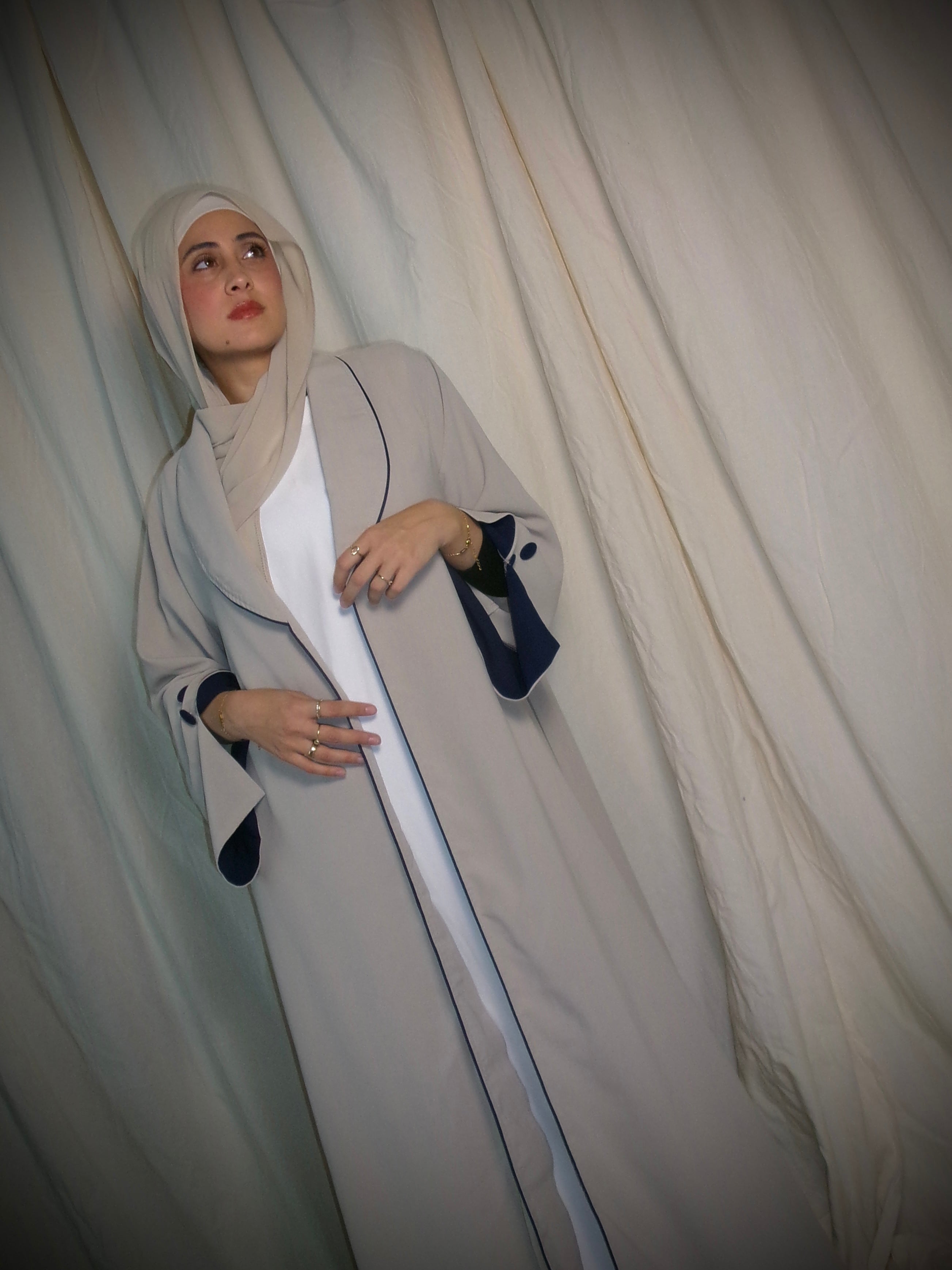 Beige Pleated Open Abaya