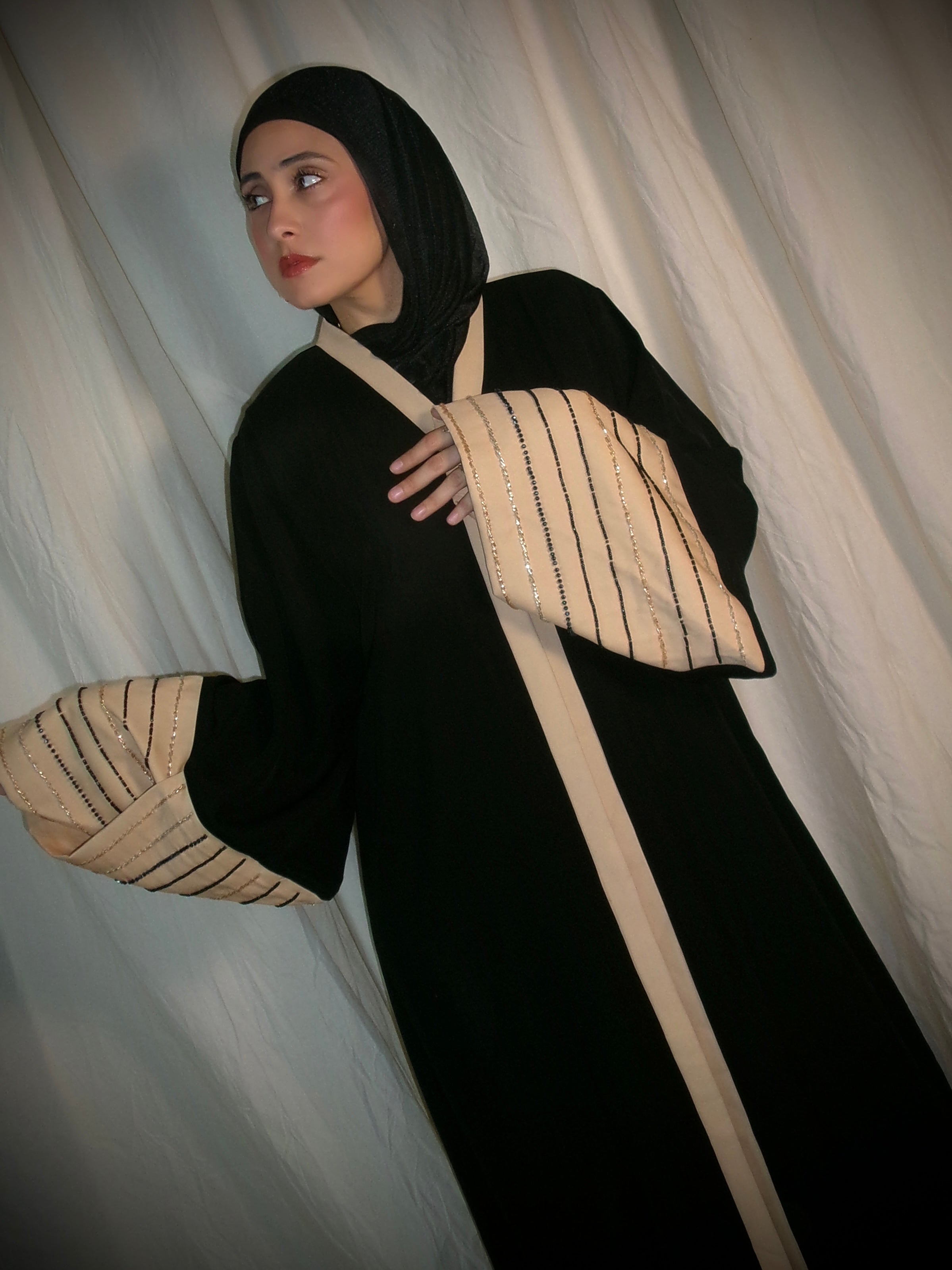 Beige Beaded Sleeve Abaya