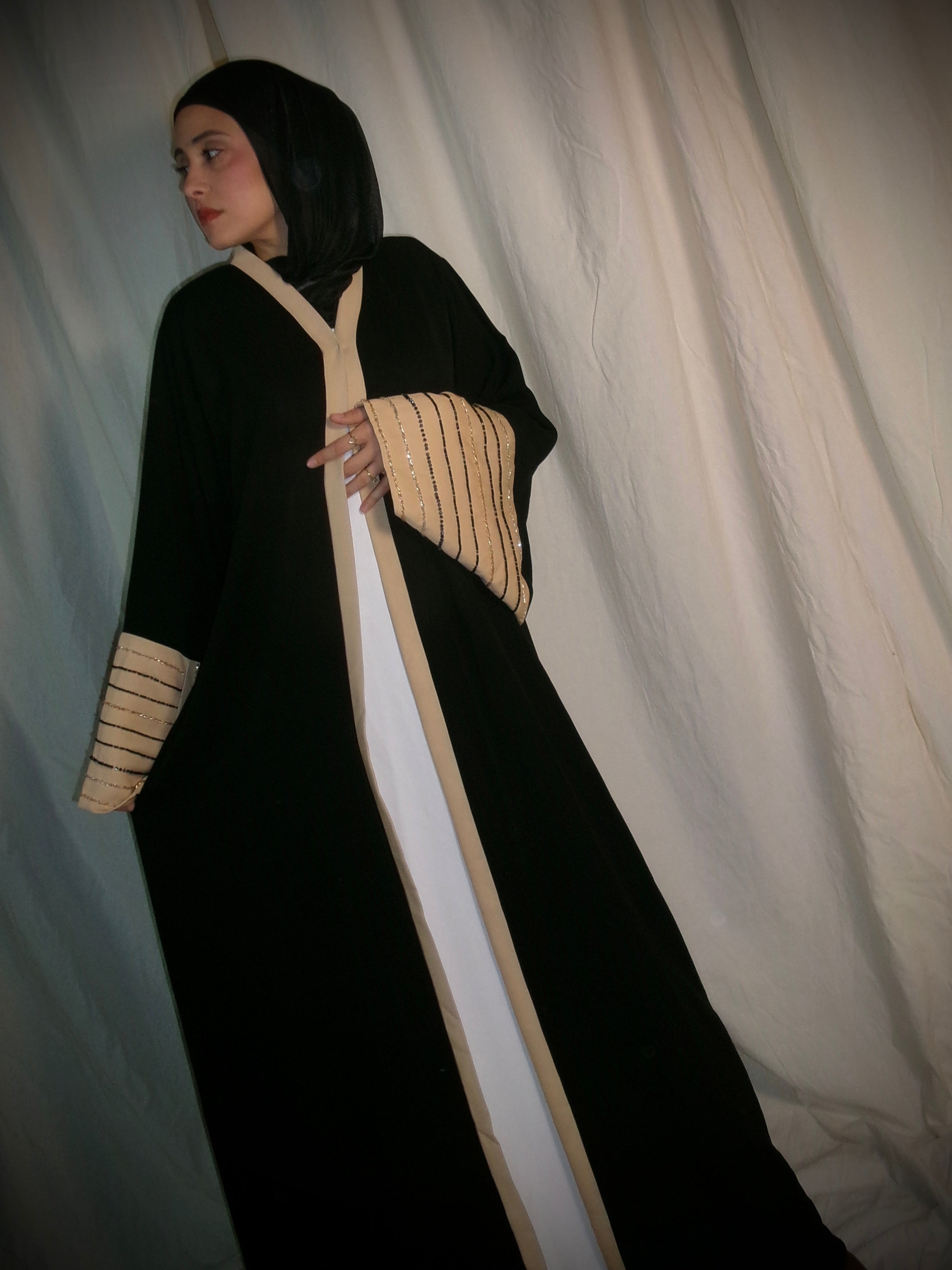 Beige Beaded Sleeve Abaya
